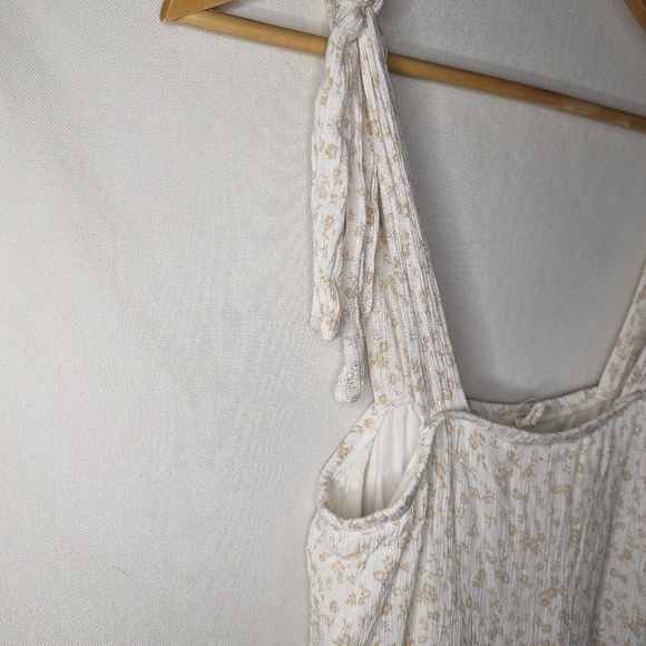 Anthropologie Lazy Sundays Tan White Ditsy Floral Knot Tie Tank Lined Dress Sz M - Picture 9 of 11